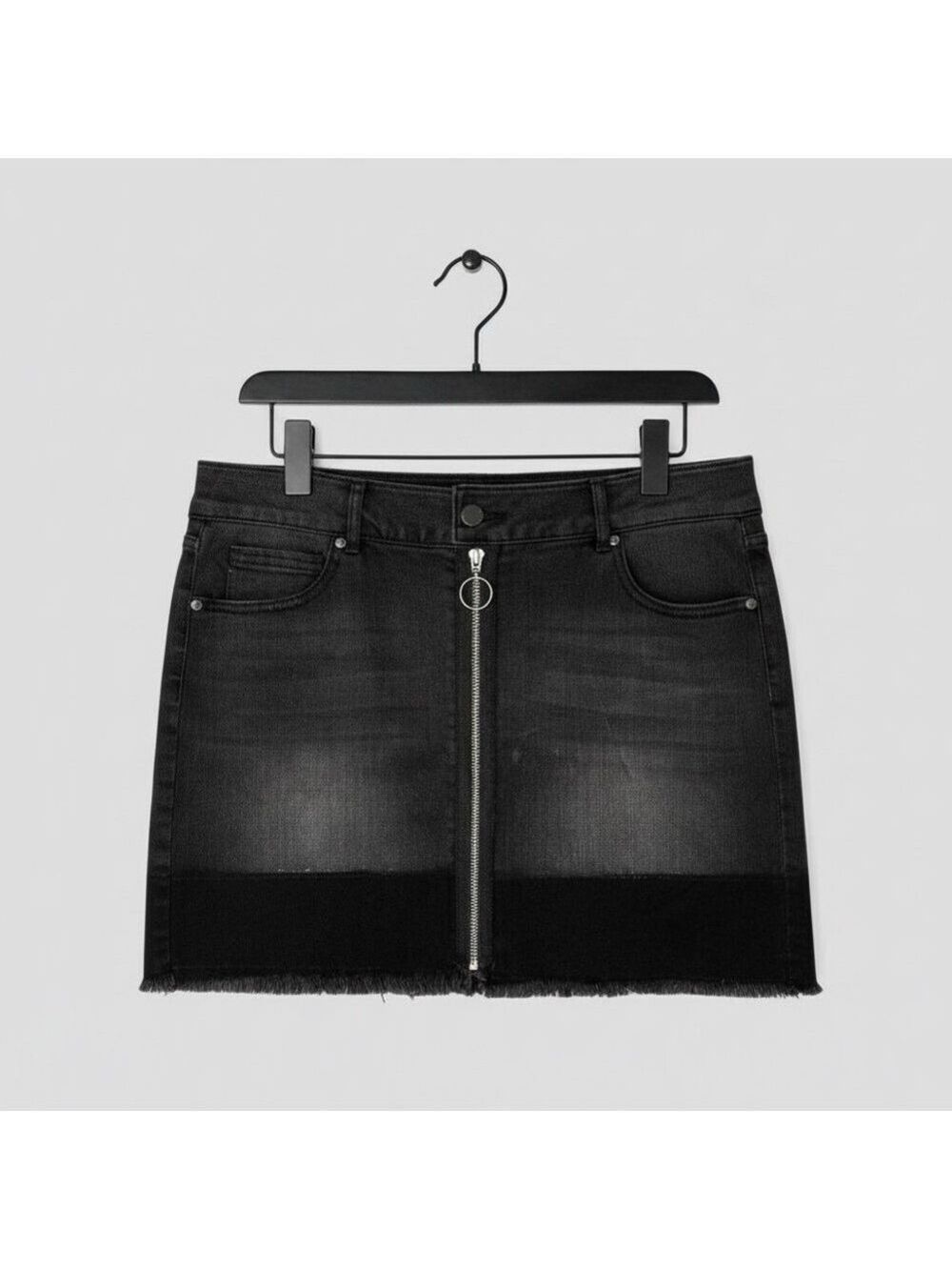 90s Black Mini Skirt O-Ring Metal Zip Denim M Whimsigoth Cyber Y2K Alt Grunge
